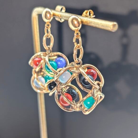 VTG B & B Bates and Bacon Co. Caged Agate Orb Beads in 1/20 12K GF Post Earrings - Picture 2 of 5